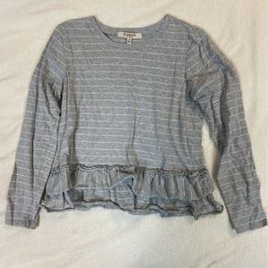 Free Generation Grey heather white stripes LS shirt size Medium w/ ruffle